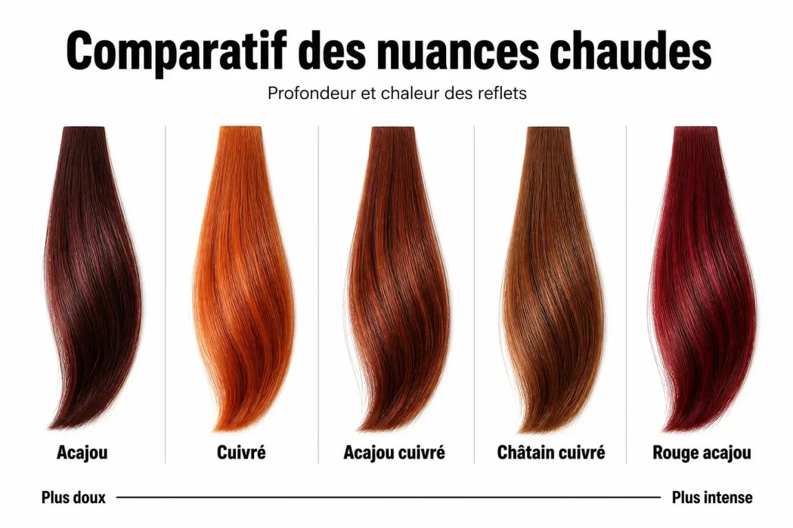 Couleur acajou cuivré comparée aux autres nuances de cheveux sur fond clair