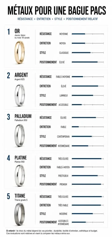 Bague PACS : comparaison des métaux or, argent, palladium, platine et titane