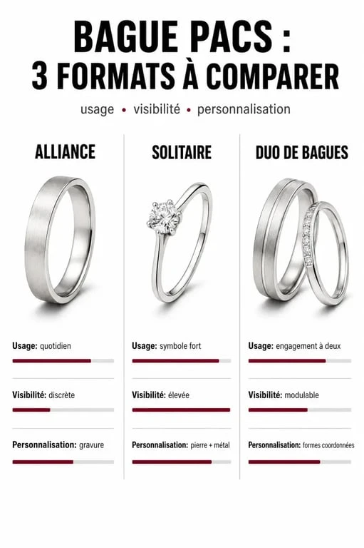 Bague PACS : comparaison visuelle entre alliance, solitaire et duo de bagues