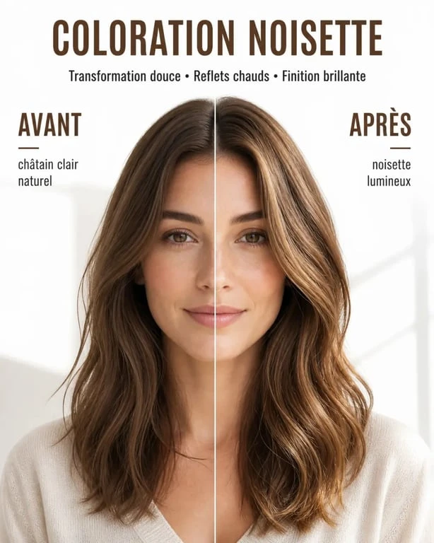 Avant après cheveu couleur noisette sur base châtain clair