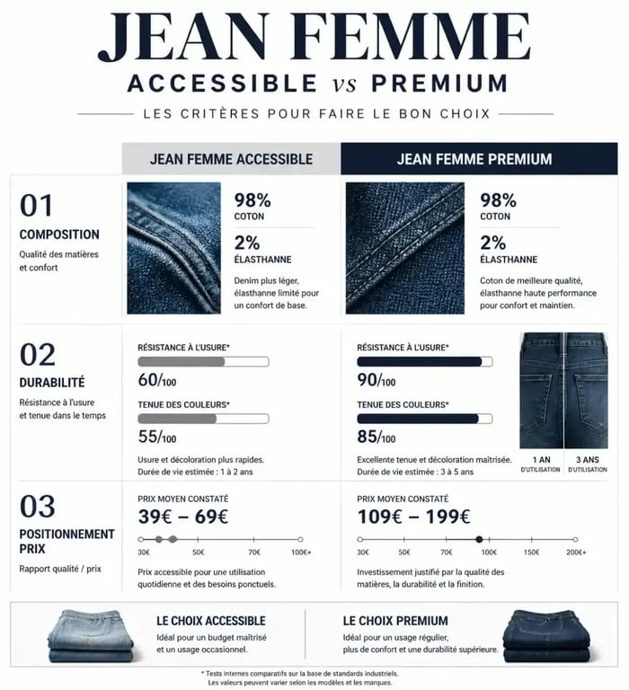 Comparatif des critères de choix pour une marque de jeans femme entre entrée de gamme et premium