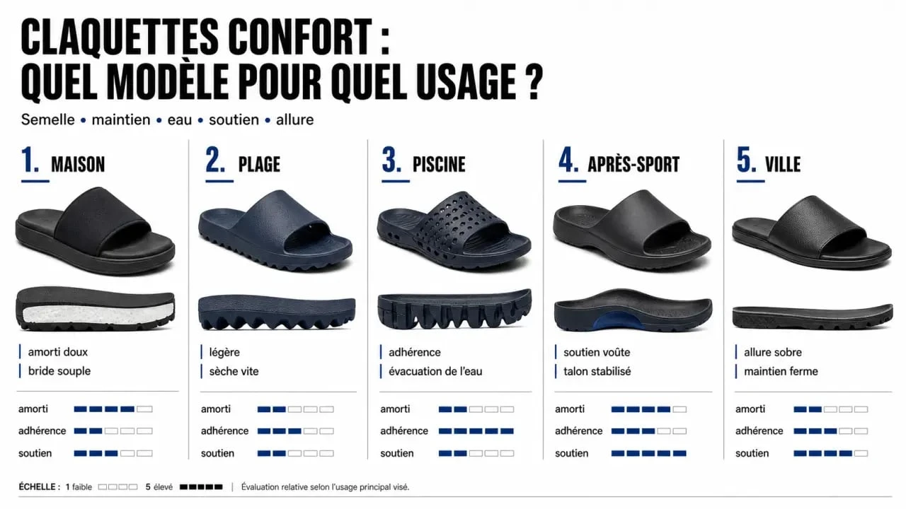 Comparatif de claquettes confortables selon l’usage : maison, plage, piscine, après-sport et ville
