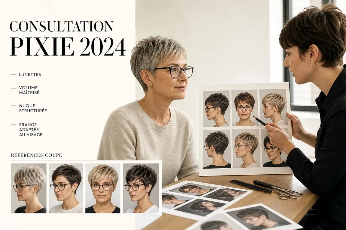 Coupe pixie 2024 en salon, consultation avec coiffeur et photos de référence