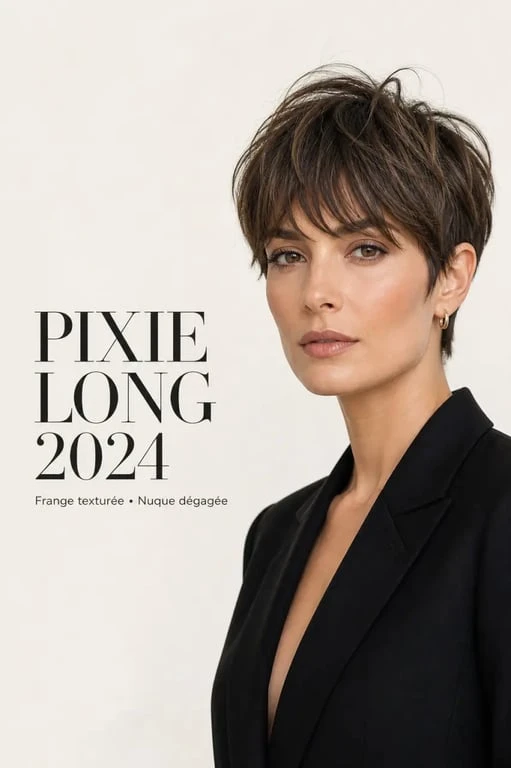 Coupe pixie 2024 longue avec frange texturée, portrait éditorial