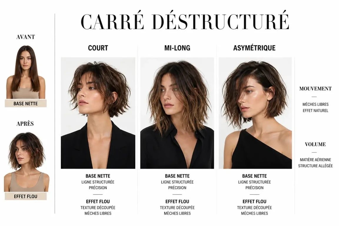 Carré déstructuré en collage avant/après montrant plusieurs variantes de coupe et de mouvement