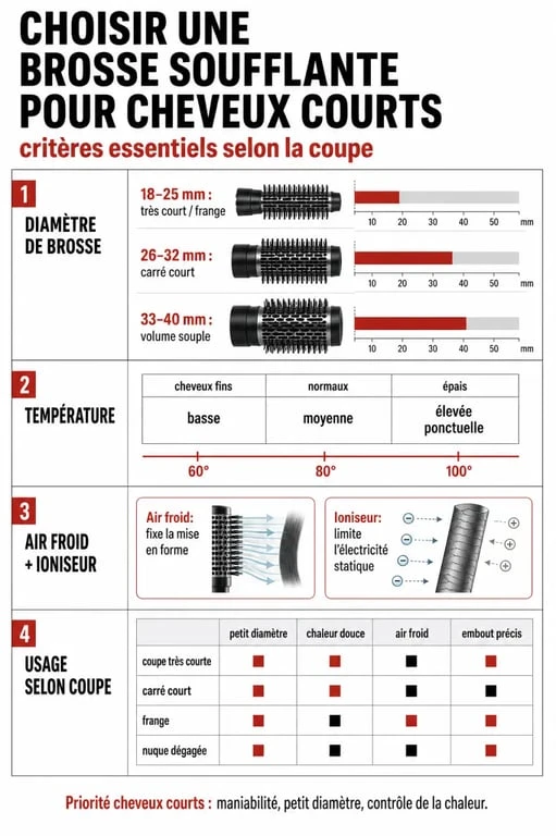 Brosse soufflante cheveux courts : infographie des critères de choix pour carré court, frange et nuque dégagée