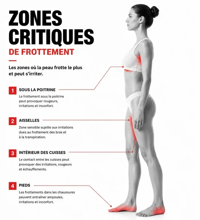 Schéma des zones d'application de la crème anti frottement pour prévenir les irritations cutanées