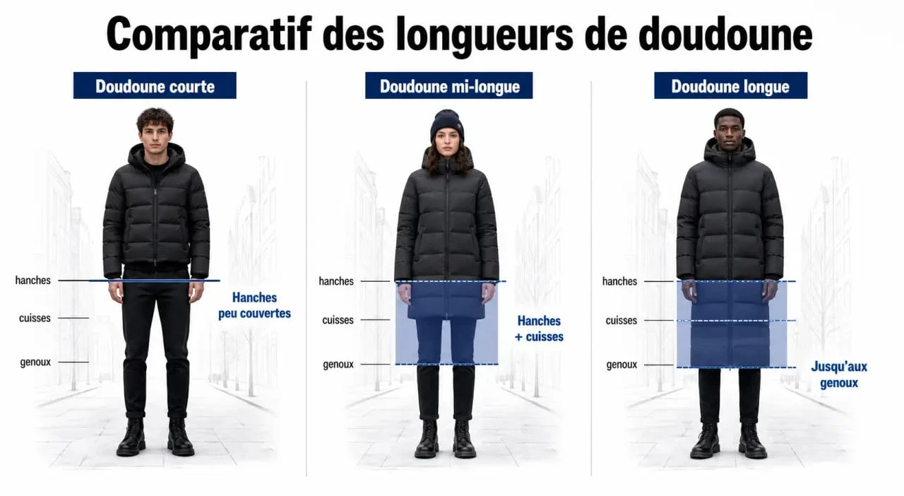Doudoune longue comparée à une doudoune mi-longue et courte en situation urbaine