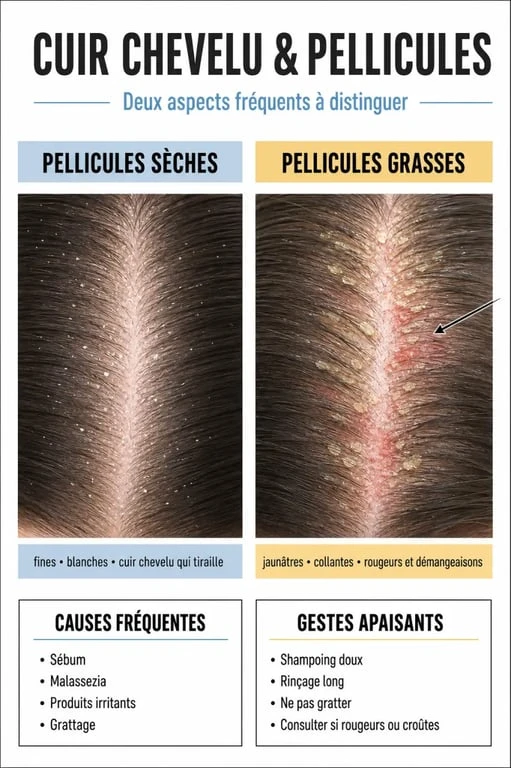 Est ce que les pellicules grattent : schéma du cuir chevelu avec pellicules sèches et grasses, causes des démangeaisons et gestes pour apaiser