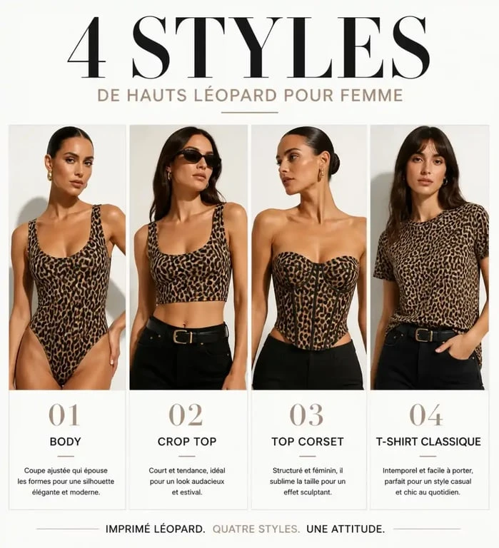 Différents styles de hauts femme léopard : body, crop top, corseté et t-shirt