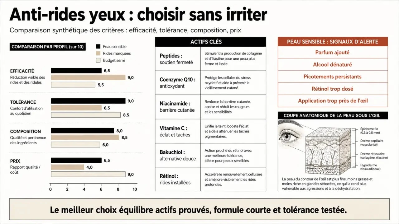 meilleur anti-rides yeux : comparaison des critères, actifs clés et signaux d’alerte