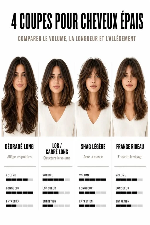 Cheveux épais quelle coupe femme : comparaison visuelle de plusieurs coupes adaptées aux cheveux épais