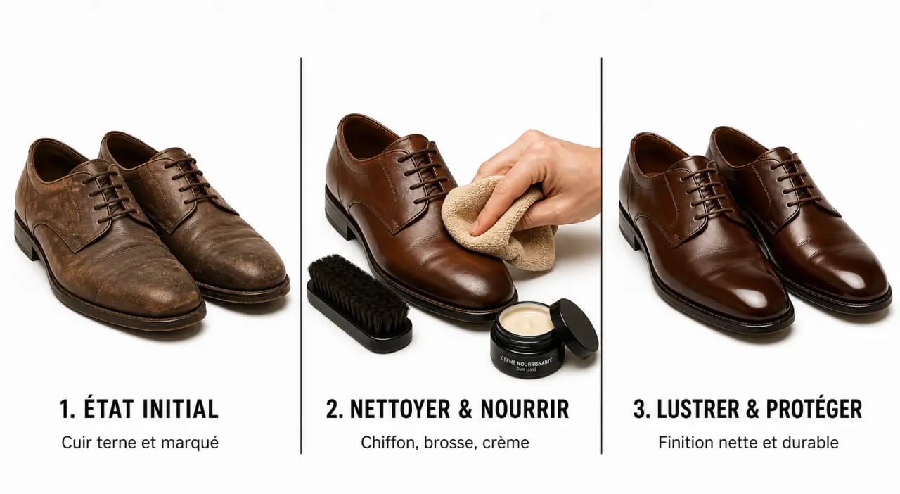 Comment redonner vie à vos chaussures en cuir préférées : avant et après restauration avec nettoyage, nutrition et lustrage