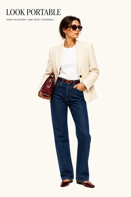 Mode & Beauté : look portable inspiré d’une célébrité avec veste structurée et accessoires bordeaux