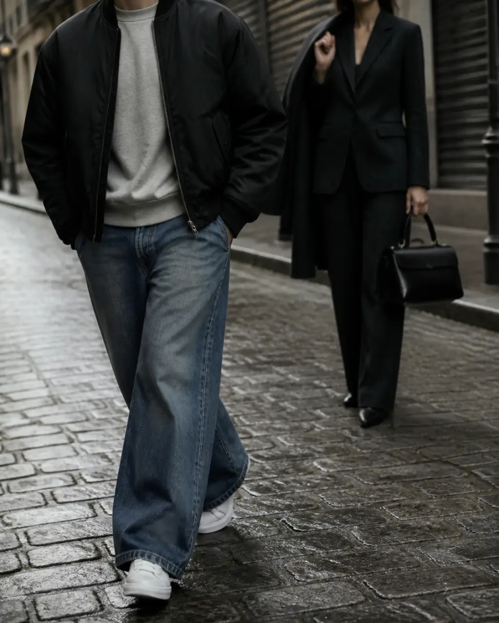 Style street : bomber noir, jean oversize et sneakers blanches