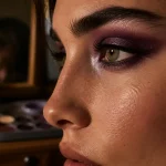 Yeux marron vert quel maquillage : fard prune irisé sur œil émeraude