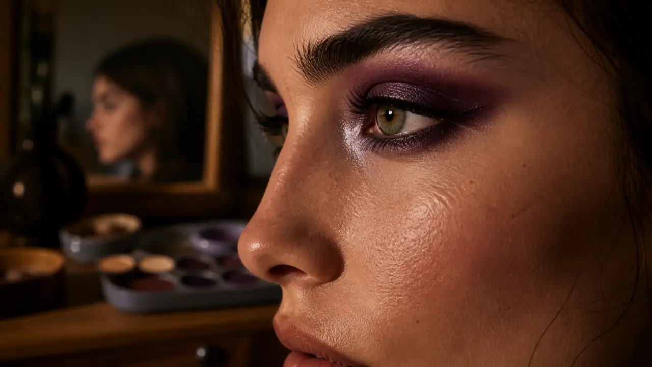 Yeux marron vert quel maquillage : fard prune irisé sur œil émeraude
