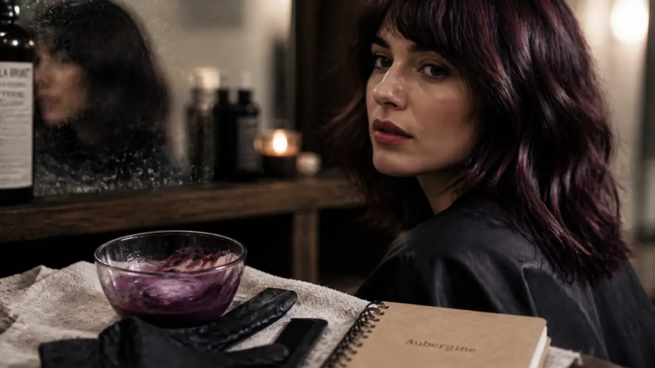 Aubergine couleur cheveux, reflets violine sur cheveux châtain foncé