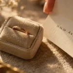 Bague personnalisée avec gravure intime en or rose sur coussin velours