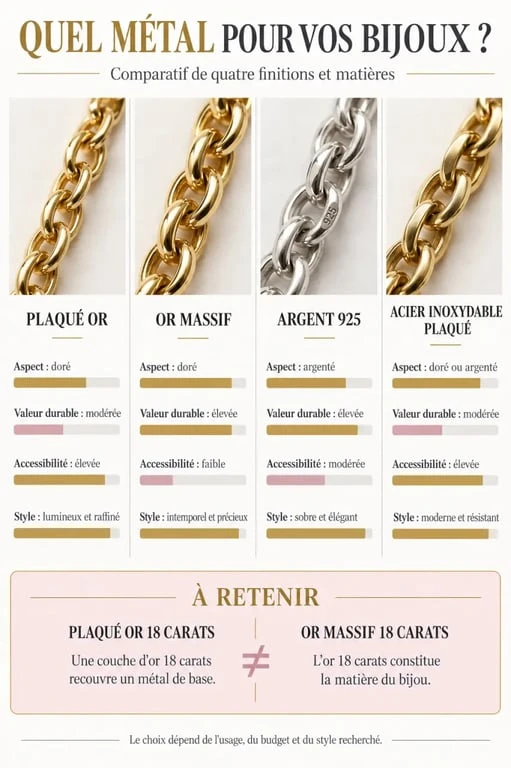 Infographie comparative pour choisir une chaîne en plaqué or pour femme selon le matériau