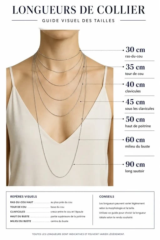 Schéma de taille collier montrant les différentes longueurs portées sur le cou et le buste