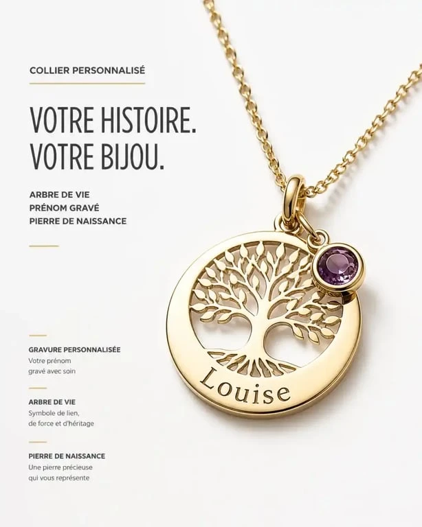 Collier personnalisé prénom arbre de vie avec pierre de naissance en gros plan sur fond sobre