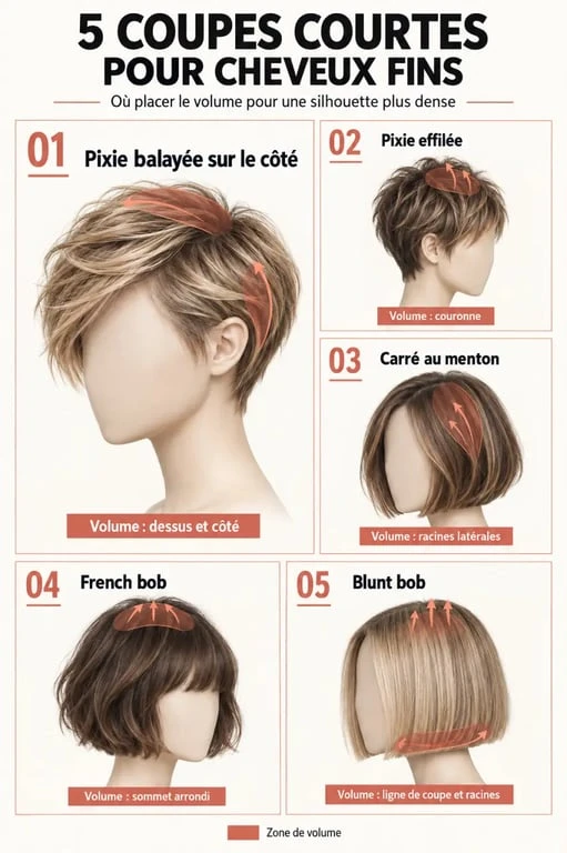 Infographie des meilleures coupes courtes pour cheveux fins : pixie, carré au menton, French bob et blunt bob