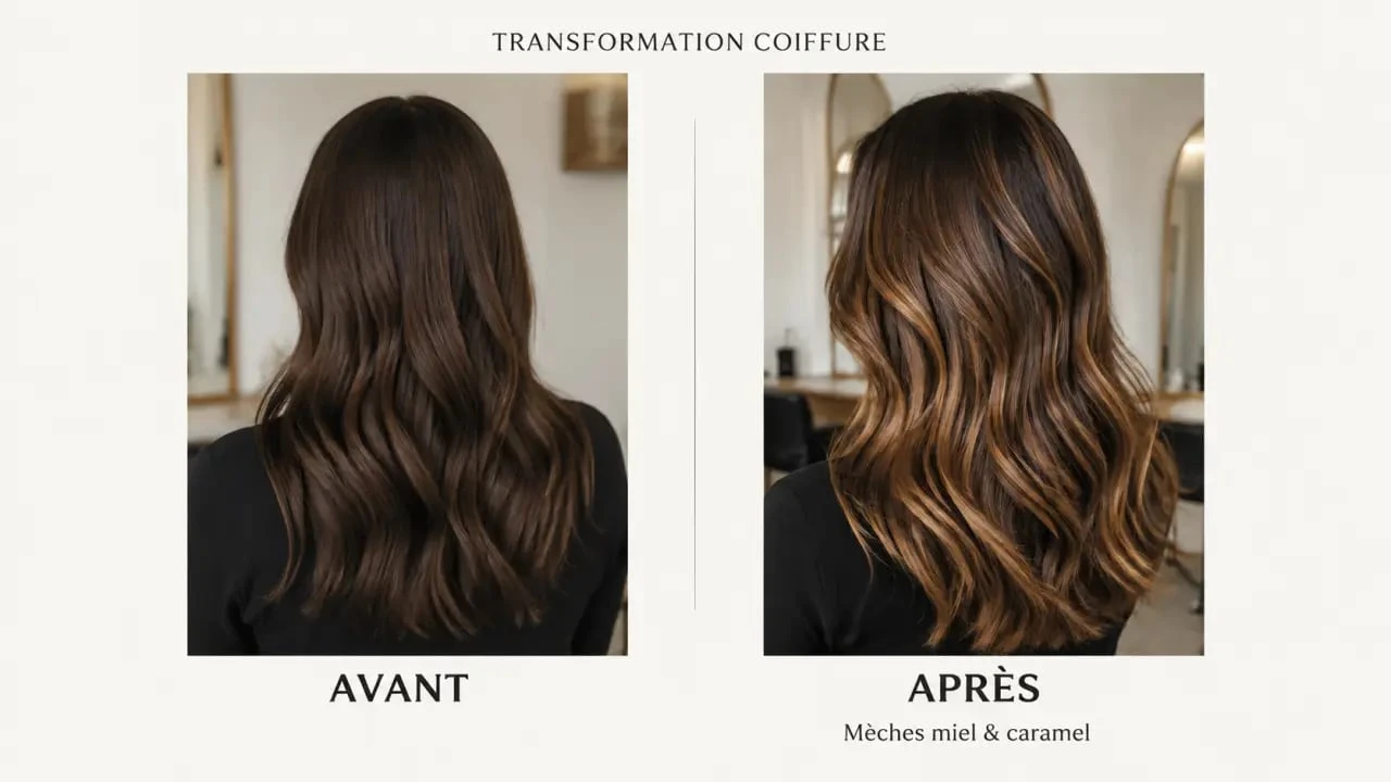 Mèche miel et caramel : avant et après sur cheveux châtain avec reflets chauds