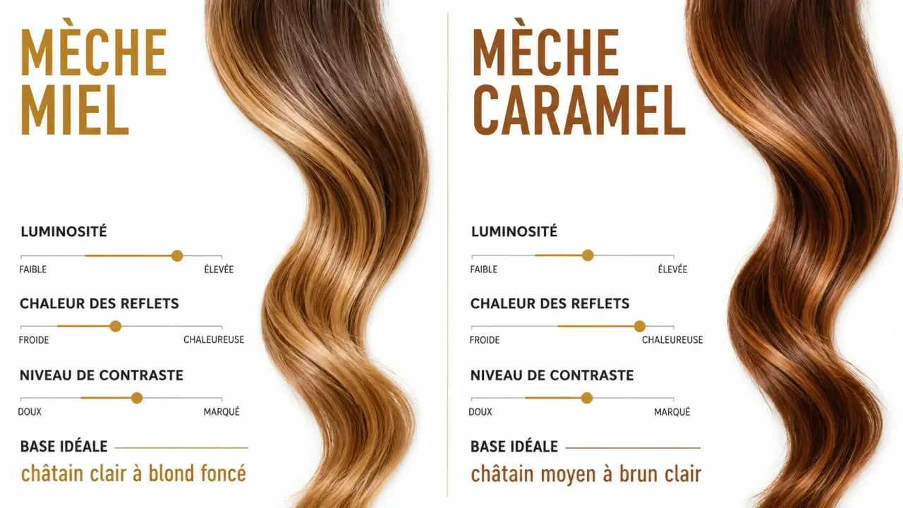 Mèche miel et caramel : comparaison visuelle des reflets miel et caramel sur base châtain
