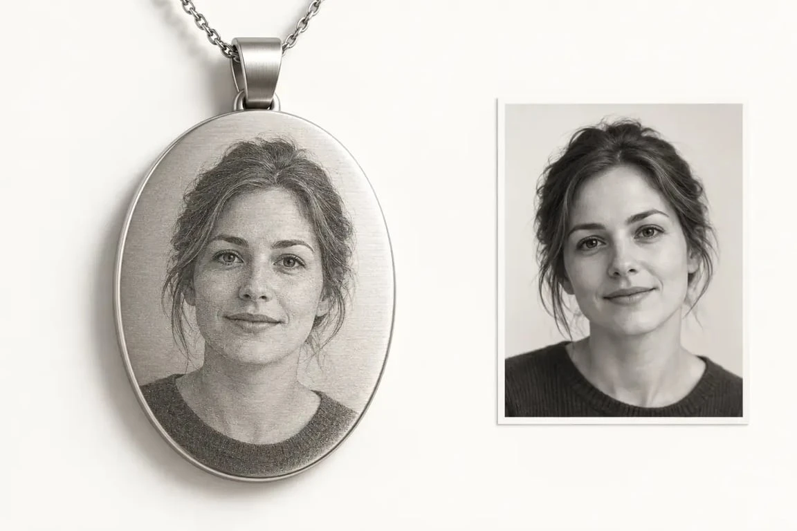 Gravure photo sur collier avec portrait monochrome gravé au laser