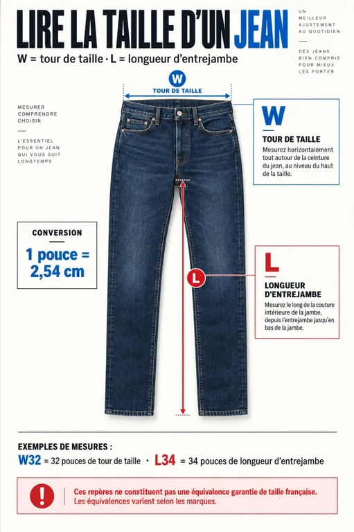 Infographie de conversion de taille pantalon W/L entre pouces et centimètres