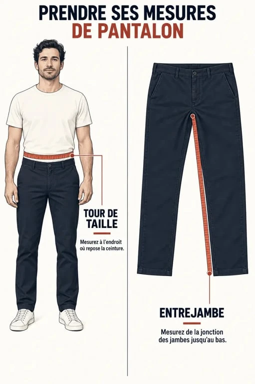Illustration pour mesurer sa taille pantalon, le tour de taille et l'entrejambe
