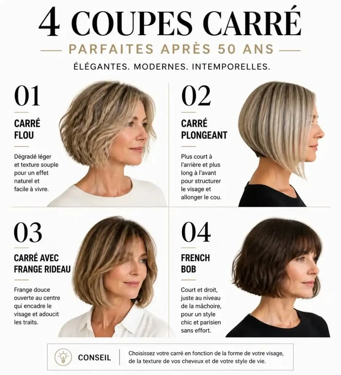 Différents styles de carré court rajeunissant pour femme de 50 ans