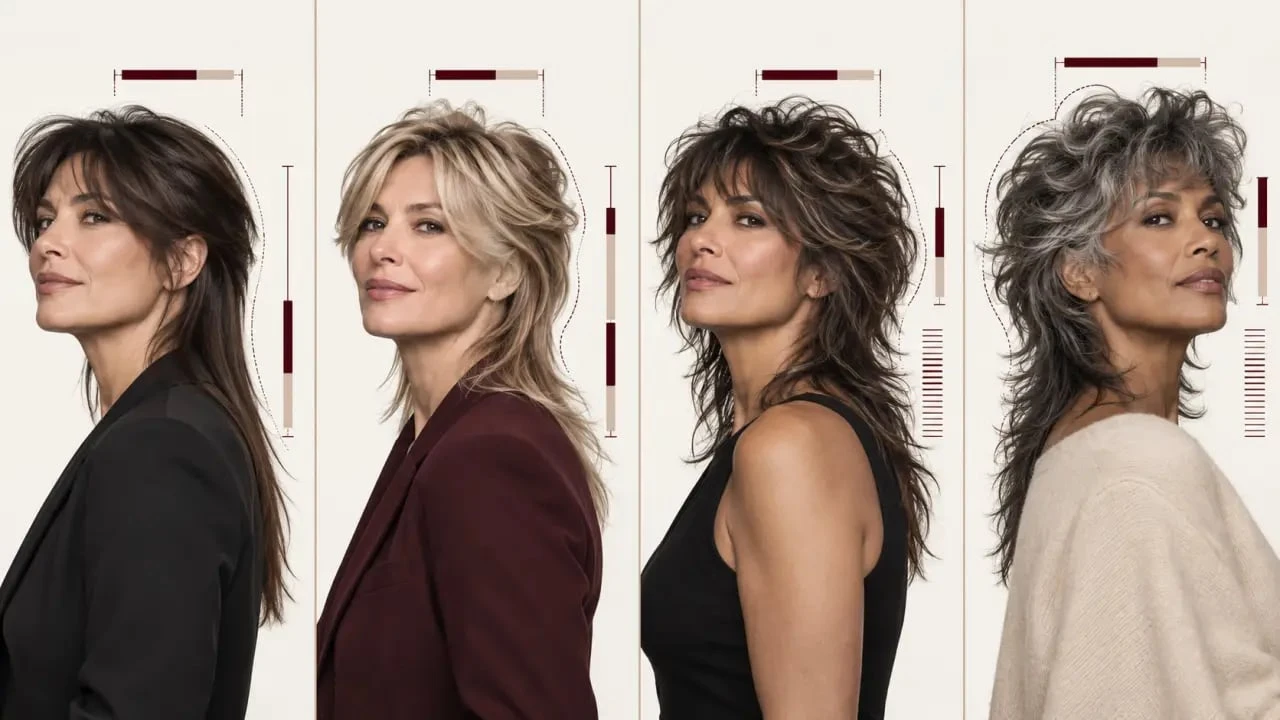 Coupe mulet femme 50 ans : comparaison visuelle du mulet long, soft mullet, shullet et wolf cut