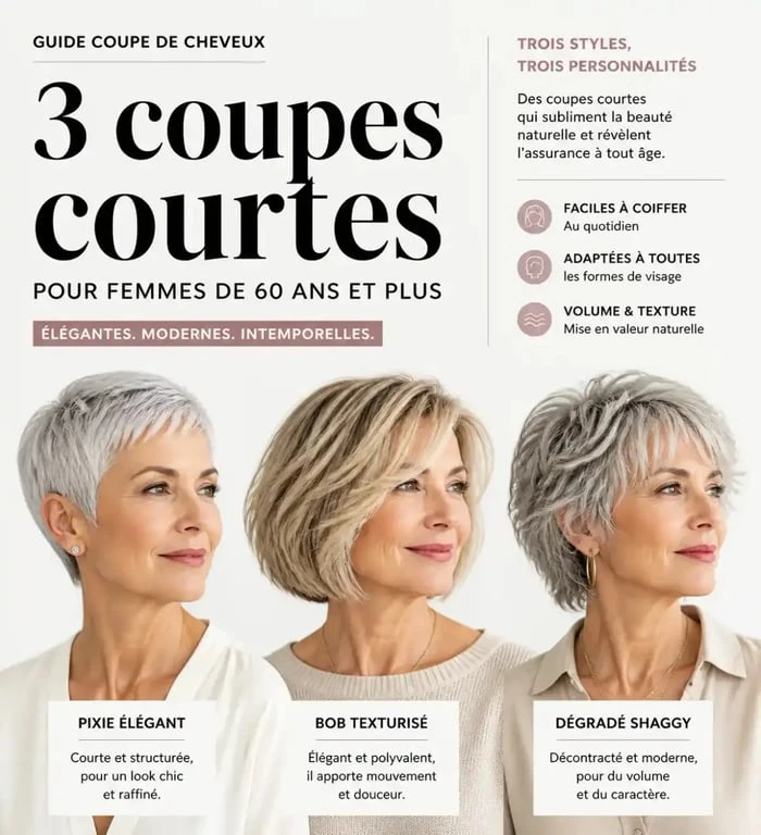 Exemples de coupes de cheveux courts pour femme de 60 ans : pixie, carré et shaggy