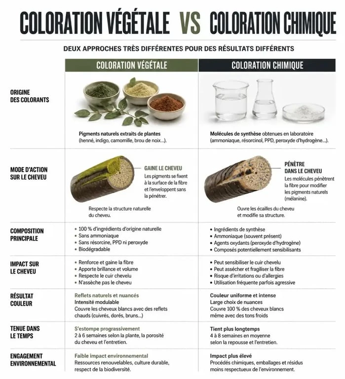 Comparatif entre coloration végétale et coloration chimique pour cheveux noisette clair