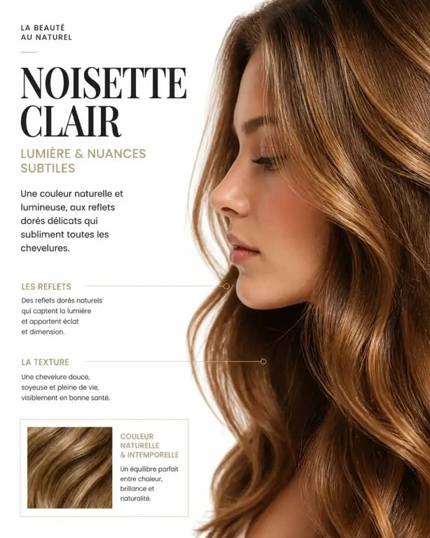 Femme avec une coloration noisette clair lumineuse et reflets dorés