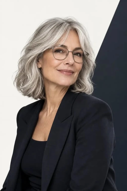 Coiffure femme 60 ans épanouie mi-long sur cheveux gris-blancs avec carré ondulé et frange rideau