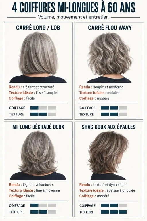 Comparatif de coiffure femme 60 ans épanouie mi-long : lob, carré wavy, dégradé doux et shag