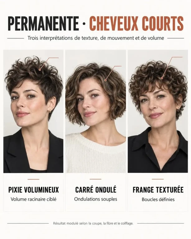 Permanente femme cheveux court : comparaison entre pixie volumisé, carré court ondulé et frange assouplie