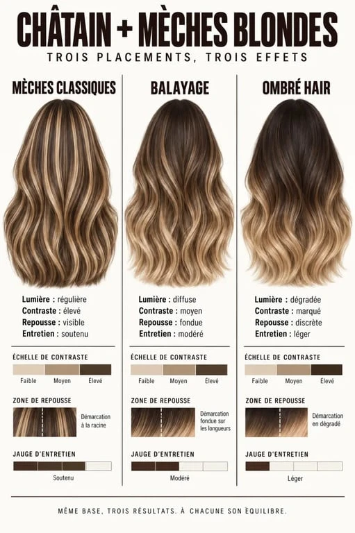 Infographie comparative des mèches blondes sur cheveux châtains selon la technique choisie