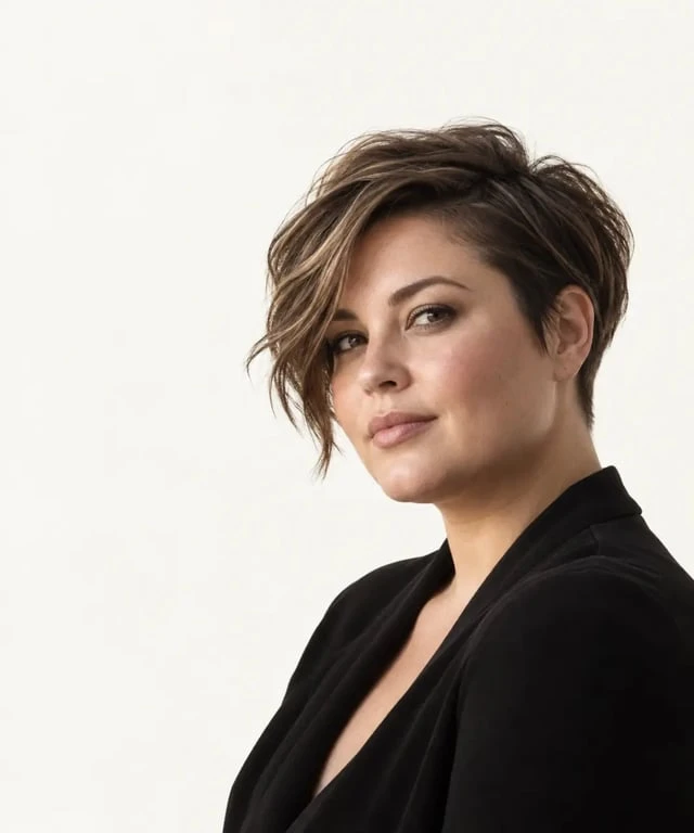 Visage rond coupe de cheveux courte asymétrique avec volume au sommet