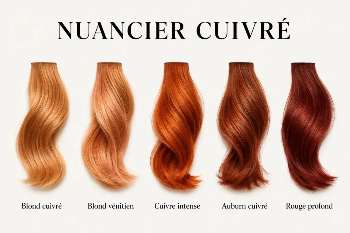 Coloration roux cuivré : comparaison visuelle des nuances du blond cuivré au rouge cuivré profond