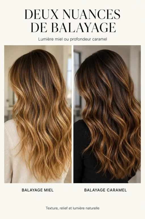 Inspiration visuelle pour choisir entre un balayage miel caramel doux ou plus profond