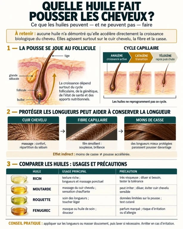 Quelle huile fait pousser les cheveux : infographie sur le cycle capillaire, la casse et les huiles de ricin, moutarde, roquette et fenugrec