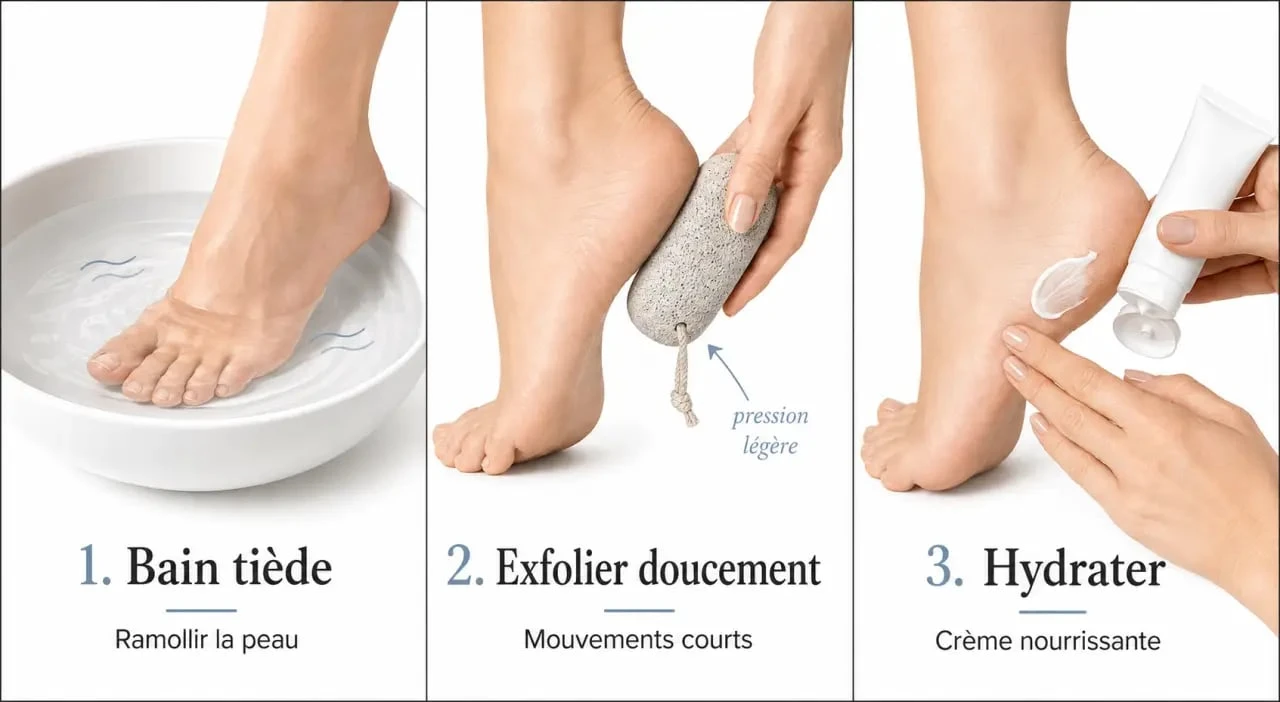 Pierre ponce pied : bain tiède, exfoliation douce du talon et hydratation finale