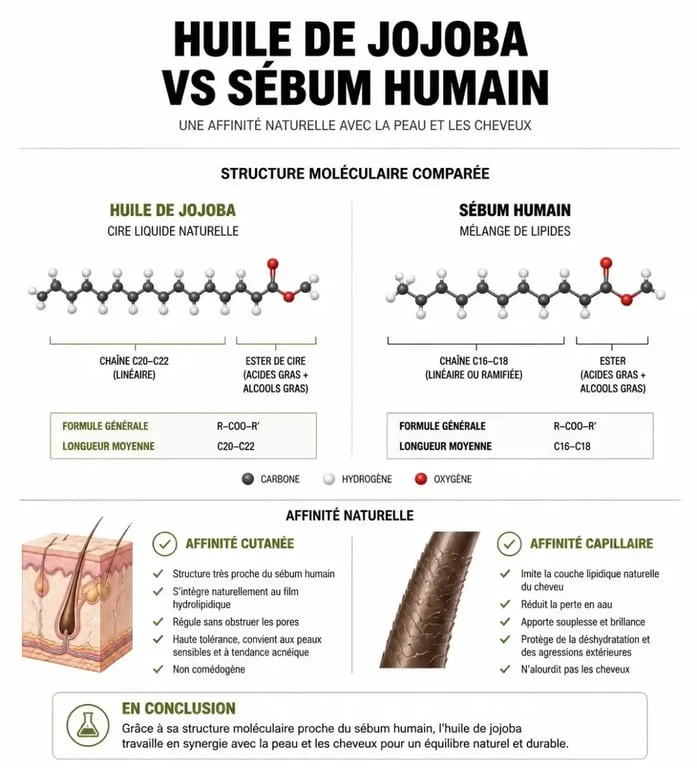 Infographie expliquant les bienfaits de l'huile de jojoba pour les cheveux et son affinité avec le sébum