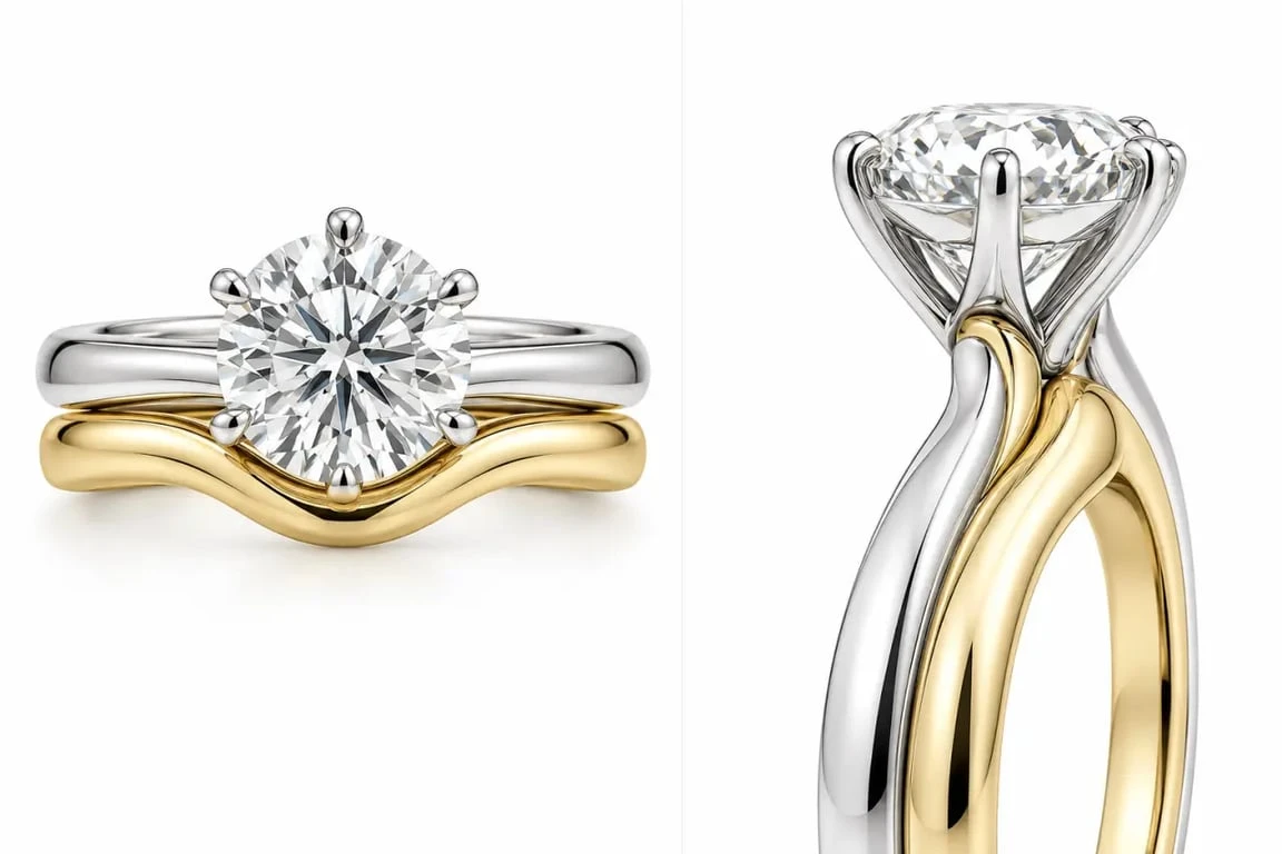 Bague fiancaille et mariage qui s'emboite : alliance contour ajustée à un solitaire, vues de face et de profil
