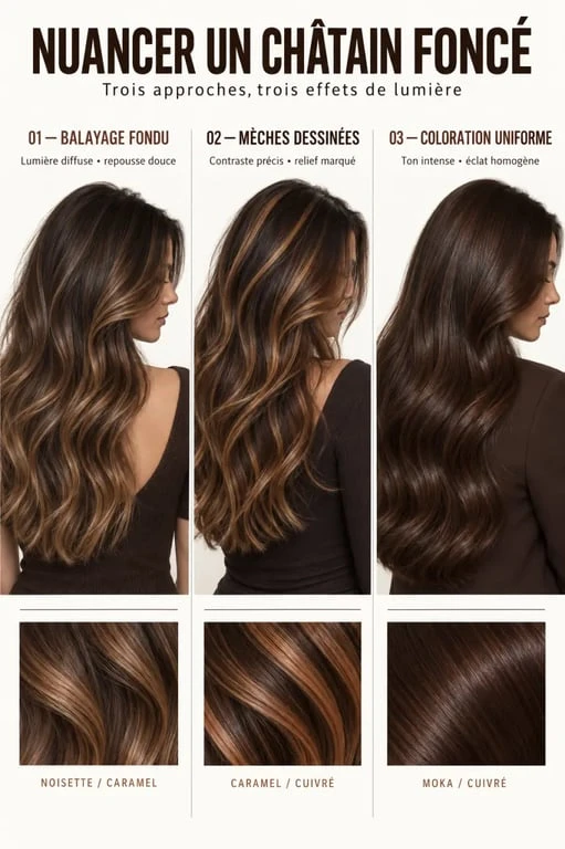 Cheveux châtain foncé : comparaison entre balayage, mèches et coloration uniforme