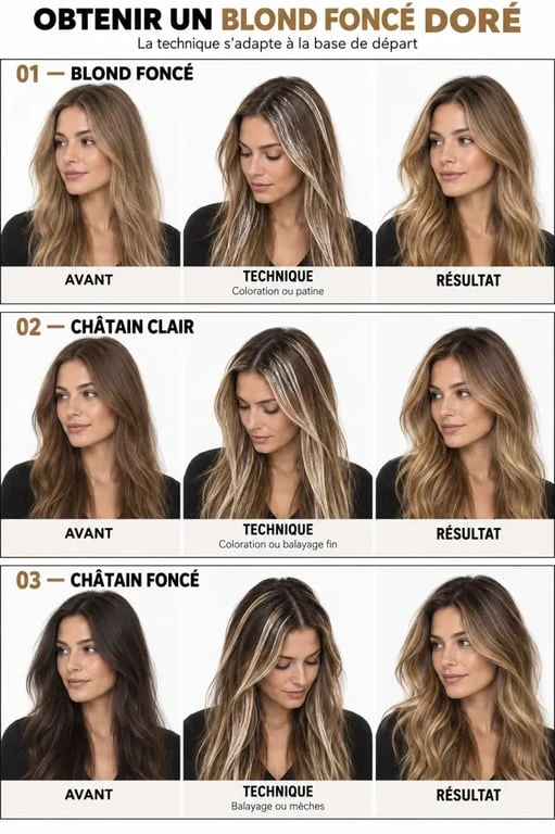 Étapes pour obtenir une couleur blond foncé doré selon la base naturelle